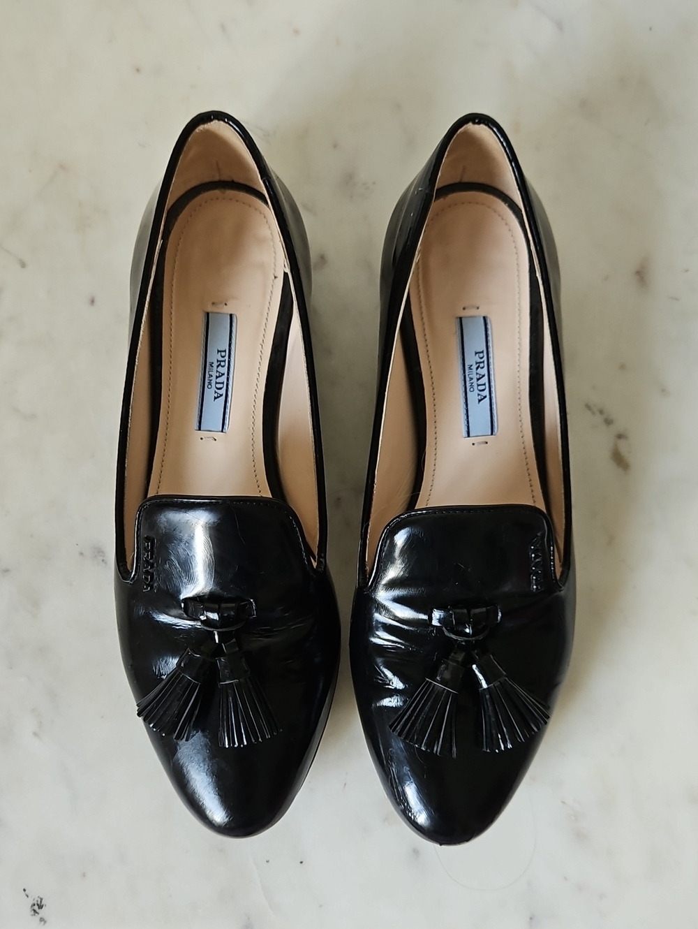 Prada Black Patent Tassel Loafers for Women